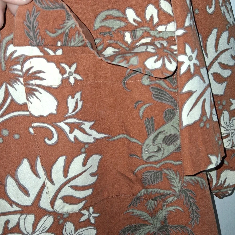 Reyn Spooner Linen Blend Shirt Men's Large Chest Flap Pockets Floral Hawaiian